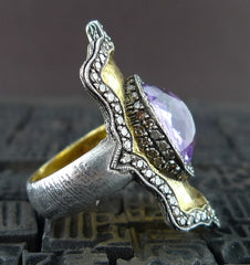 Sevan Bicakci Carved Theodora Ring in 24K Yellow Gold, Silver, Amethyst, and Diamonds
