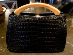 Black Alligator Handbag with Wood Handle