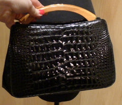 Black Alligator Handbag with Wood Handle