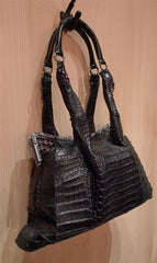 Clara Kasavina Black Crocodile Purse with Crystal Mesh and Frame