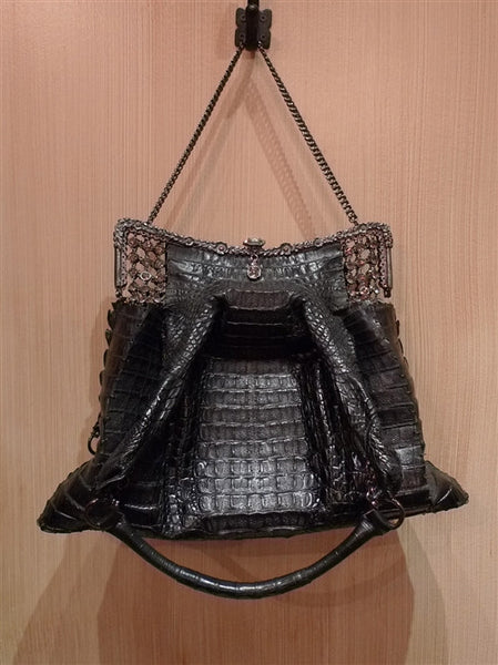 Clara Kasavina Black Crocodile Purse with Crystal Mesh and Frame