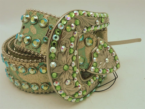 B.B Simon Swarovski Western Belt on Lime Green and Gold Metallic Belt