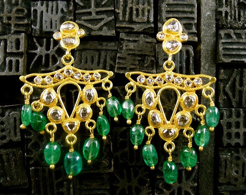 Vintage Emerald and Diamond Earrings in 22K Yellow Gold