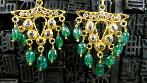 Vintage Emerald and Diamond Earrings in 22K Yellow Gold