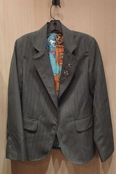 Mr. Winter Charcoal Pinstripe Boyfriend Blazer with Sterling Silver Charms on Lapel