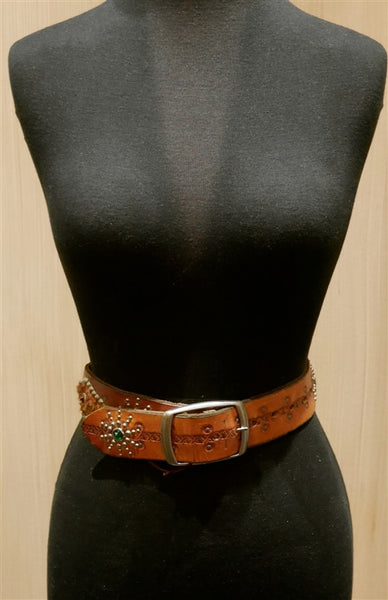 B-Low The Belt Leopard Inset Studded Tan Belt With Multi Colored Crystals