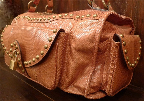 Luella Joni Cognac Snakeskin Handbag with Brass Studs