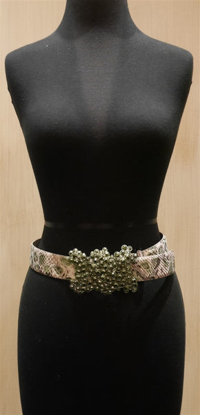 Orciani Giraffa Verde Snakeskin Embossed Belt in Taupes and Greens with Metallic Green Studded Buckle