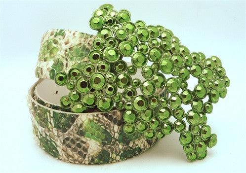 Orciani Giraffa Verde Snakeskin Embossed Belt in Taupes and Greens with Metallic Green Studded Buckle