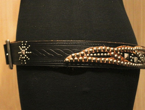 HTC Multi-Studded Western Tooled Black Belt with Saddle Alligator Embossed Inserts