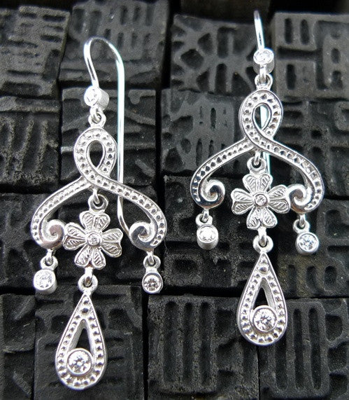 Jamie Wolf 18K White Gold Scroll and  Clover Flower Diamond Pierced Earrings