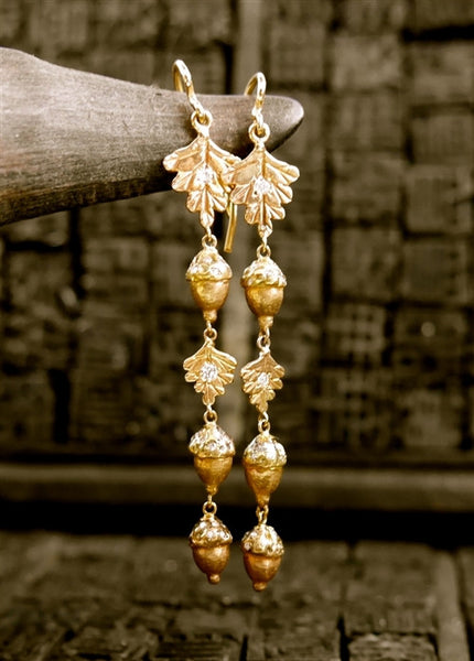 Pade Vavra Acorns and Leaf Diamond Drop Earrings in 18K Peach Gold