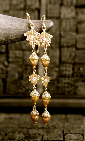 Pade Vavra Acorns and Leaf Diamond Drop Earrings in 18K Peach Gold