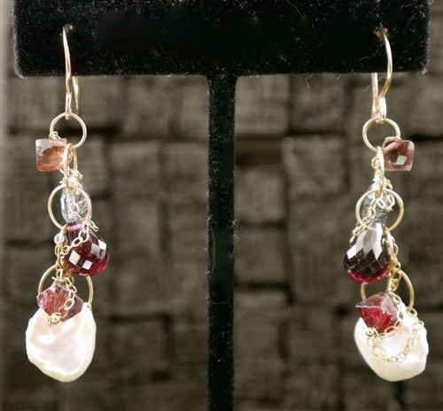 Melissa Joy Manning Pearl, Garnet and Iolite Earrings in 14K Yellow Gold