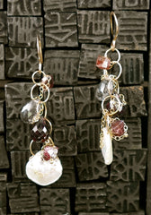 Melissa Joy Manning Pearl, Garnet and Iolite Earrings in 14K Yellow Gold