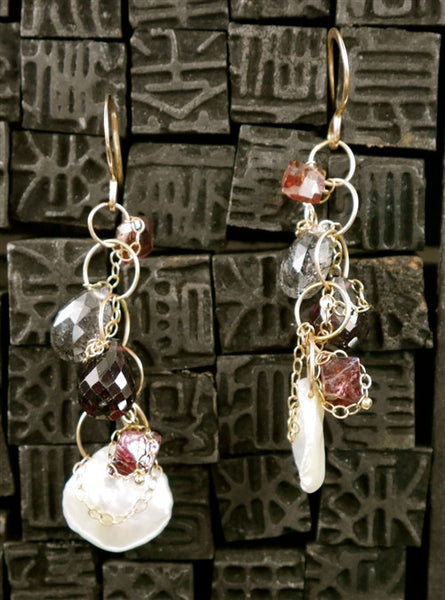 Melissa Joy Manning Pearl, Garnet and Iolite Earrings in 14K Yellow Gold