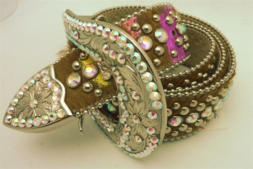 B.B Simon Swarovski Crystal Western Inspired Belt on Pink and Brown Pony Fur Strap