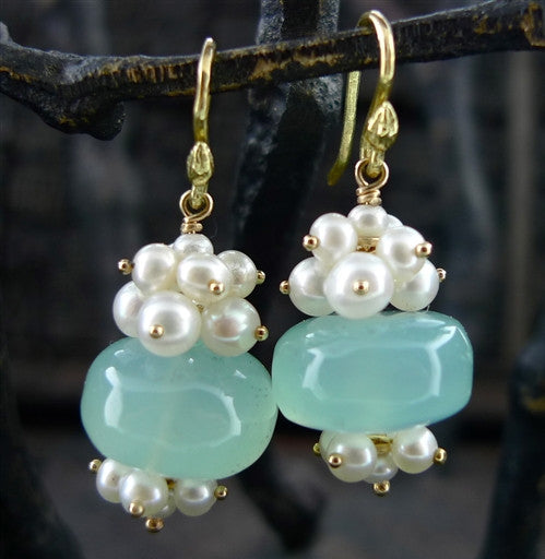 Gabrielle Sanchez Blue Chalcedony and Pearl Earrings 18K YG