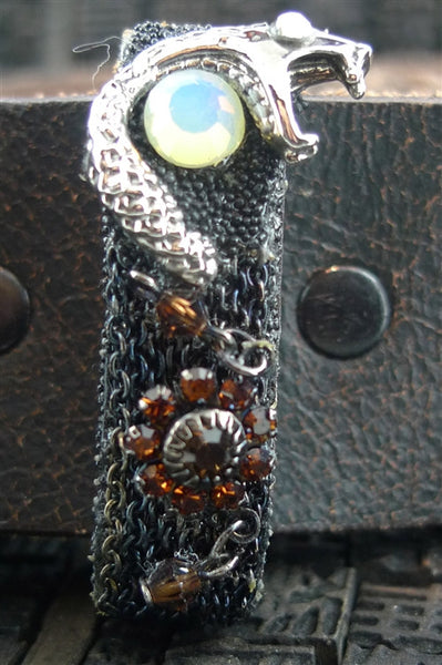 Ivy Belt with Silver Dagger, Gold, Moonstone, and Cognac Swarovski Crystals on Black Studded Belt