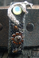 Ivy Belt with Silver Dagger, Gold, Moonstone, and Cognac Swarovski Crystals on Black Studded Belt