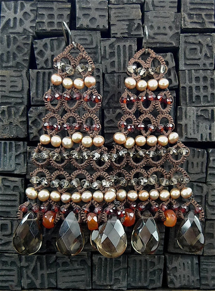 Danielle Jossie Welmond Woven Brown Chandelier Earrings with Pearls, Smoky Topaz, and Carnelian