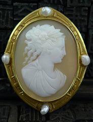 Estate Shell Cameo with Seed Pearl Brooch in 18K Yellow Gold