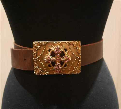 Virgin Saints & Angels Rose of Venus Gold Buckle and Brown Leather Belt