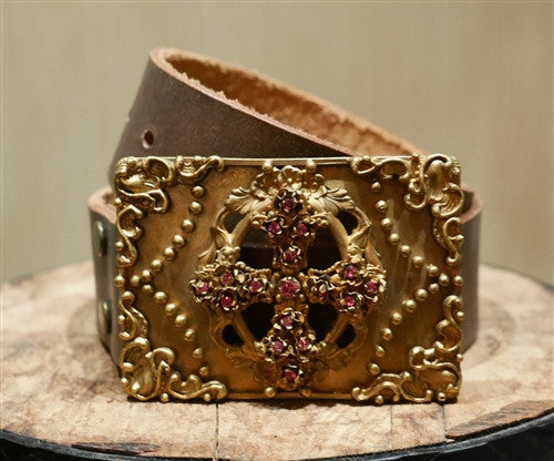 Virgin Saints & Angels Rose of Venus Gold Buckle and Brown Leather Belt