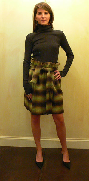 James Coviello Olive/Brown Ruched Plaid Skirt