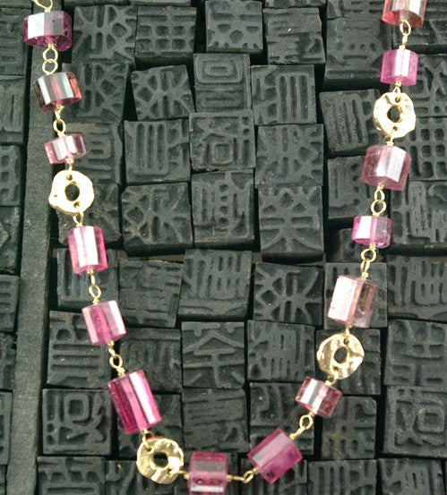 Dominique Cohen 18K Yellow Gold and Pink Tourmaline Bamboo Necklace