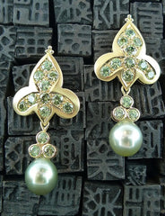 Paula Crevoshay RARE  Demantoid Garnet and  Pearl Fleur de Lis Earrings in 18K Yellow Gold