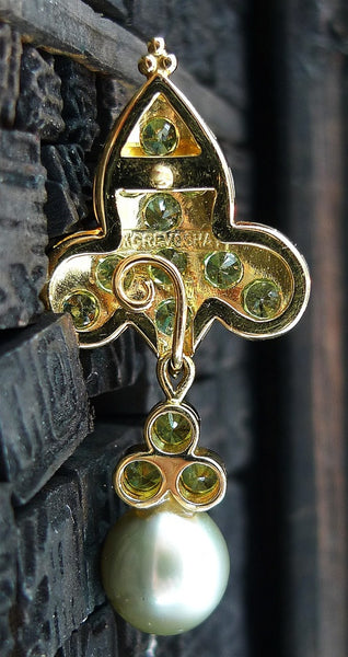 Paula Crevoshay RARE  Demantoid Garnet and  Pearl Fleur de Lis Earrings in 18K Yellow Gold