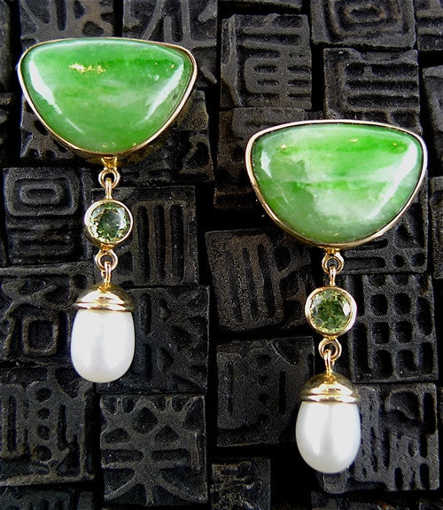 Carico Lake Green Turquoise, Demantoid Garnet, and Pearl Earrings in 18K Yellow Gold