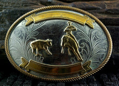 Old Rodeo Belt Buckle of a Cowboy Roping a Calf