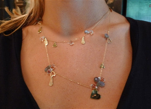 MINE 14K Yellow Gold, Labradorite, and Crystal Charm Falling in Love Necklace