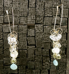 Melissa Joy Manning Square Hoop Earrings with Aquamarine, Chalcedony and Citrine in 14K Gold