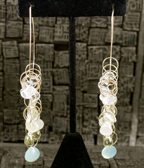 Melissa Joy Manning Square Hoop Earrings with Aquamarine, Chalcedony and Citrine in 14K Gold