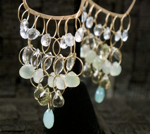 Melissa Joy Manning Square Hoop Earrings with Aquamarine, Chalcedony and Citrine in 14K Gold