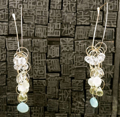 Melissa Joy Manning Square Hoop Earrings with Aquamarine, Chalcedony and Citrine in 14K Gold