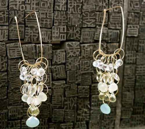 Melissa Joy Manning Square Hoop Earrings with Aquamarine, Chalcedony and Citrine in 14K Gold