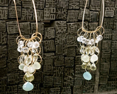 Melissa Joy Manning Square Hoop Earrings with Aquamarine, Chalcedony and Citrine in 14K Gold