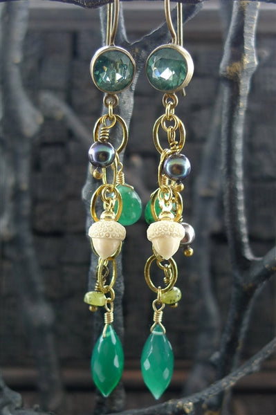 Extasia Green Stone, Grey Pearl, and Acorn Charm Earrings