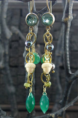 Extasia Green Stone, Grey Pearl, and Acorn Charm Earrings