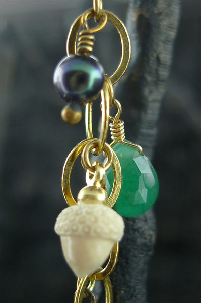 Extasia Green Stone, Grey Pearl, and Acorn Charm Earrings