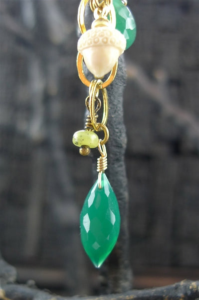 Extasia Green Stone, Grey Pearl, and Acorn Charm Earrings