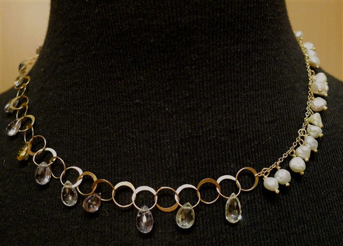 Melissa Joy Manning 14K Yellow Gold, Keshi Pearl, and White Sapphire Necklace