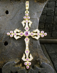 Loree Rodkin 18K Yellow Gold Big Angel Pink Sapphire and Diamond Cross Pendant