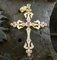 Loree Rodkin 18K Yellow Gold Big Angel Pink Sapphire and Diamond Cross Pendant