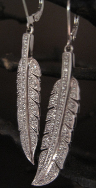 Mia & Kompany Diamond Feather Drop Earrings in 18K White Gold