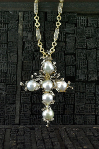 Robert Wander 18K Gold South Sea Pearl Cross Pendant with Chocolate Diamonds